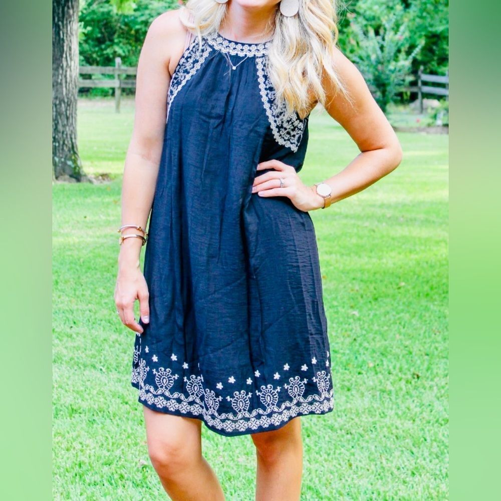 THML Little Black Embroidered Halter Sundress; Size small, very light & comfy!